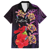 Pasifika Festival Family Matching Off The Shoulder Long Sleeve Dress and Hawaiian Shirt Plumeria Turtles with Hibiscus - Polynesian Art Tattoo Purple Color