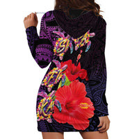 Pasifika Festival Hoodie Dress Plumeria Turtles with Hibiscus - Polynesian Art Tattoo Purple Color