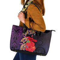 Pasifika Festival Leather Tote Bag Plumeria Turtles with Hibiscus - Polynesian Art Tattoo Purple Color