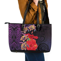 Pasifika Festival Leather Tote Bag Plumeria Turtles with Hibiscus - Polynesian Art Tattoo Purple Color