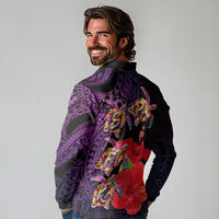 Pasifika Festival Long Sleeve Polo Shirt Plumeria Turtles with Hibiscus - Polynesian Art Tattoo Purple Color LT03 - Polynesian Pride