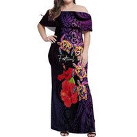 Pasifika Festival Off Shoulder Maxi Dress Plumeria Turtles with Hibiscus - Polynesian Art Tattoo Purple Color LT03 Women Purple - Polynesian Pride