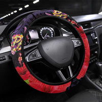 Pasifika Festival Steering Wheel Cover Plumeria Turtles with Hibiscus - Polynesian Art Tattoo Purple Color