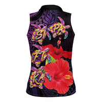 Pasifika Festival Women Sleeveless Polo Shirt Plumeria Turtles with Hibiscus - Polynesian Art Tattoo Purple Color LT03 - Polynesian Pride
