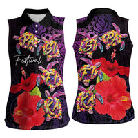 Pasifika Festival Women Sleeveless Polo Shirt Plumeria Turtles with Hibiscus - Polynesian Art Tattoo Purple Color LT03 - Polynesian Pride