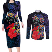 Pasifika Festival Couples Matching Long Sleeve Bodycon Dress and Long Sleeve Button Shirt Plumeria Turtles with Hibiscus - Polynesian Art Tattoo Dark Navy Color