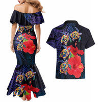 Pasifika Festival Couples Matching Mermaid Dress and Hawaiian Shirt Plumeria Turtles with Hibiscus - Polynesian Art Tattoo Dark Navy Color