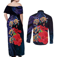 Pasifika Festival Couples Matching Off Shoulder Maxi Dress and Long Sleeve Button Shirt Plumeria Turtles with Hibiscus - Polynesian Art Tattoo Dark Navy Color