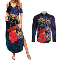 Pasifika Festival Couples Matching Summer Maxi Dress and Long Sleeve Button Shirt Plumeria Turtles with Hibiscus - Polynesian Art Tattoo Dark Navy Color