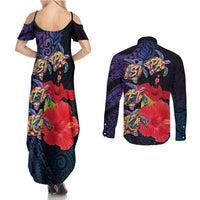 Pasifika Festival Couples Matching Summer Maxi Dress and Long Sleeve Button Shirt Plumeria Turtles with Hibiscus - Polynesian Art Tattoo Dark Navy Color
