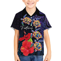 Pasifika Festival Family Matching Short Sleeve Bodycon Dress and Hawaiian Shirt Plumeria Turtles with Hibiscus - Polynesian Art Tattoo Dark Navy Color