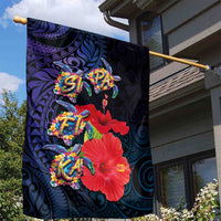 Pasifika Festival Garden Flag Plumeria Turtles with Hibiscus - Polynesian Art Tattoo Dark Navy Color