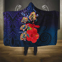 Pasifika Festival Hooded Blanket Plumeria Turtles with Hibiscus - Polynesian Art Tattoo Dark Navy Color