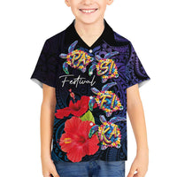 Pasifika Festival Kid Hawaiian Shirt Plumeria Turtles with Hibiscus - Polynesian Art Tattoo Dark Navy Color