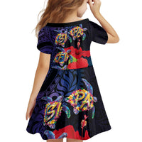 Pasifika Festival Kid Short Sleeve Dress Plumeria Turtles with Hibiscus - Polynesian Art Tattoo Dark Navy Color LT03 - Polynesian Pride