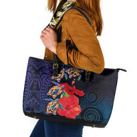 Pasifika Festival Leather Tote Bag Plumeria Turtles with Hibiscus - Polynesian Art Tattoo Dark Navy Color