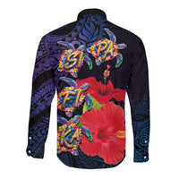 Pasifika Festival Long Sleeve Button Shirt Plumeria Turtles with Hibiscus - Polynesian Art Tattoo Dark Navy Color