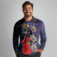 Pasifika Festival Long Sleeve Polo Shirt Plumeria Turtles with Hibiscus - Polynesian Art Tattoo Dark Navy Color LT03 - Polynesian Pride