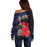 Pasifika Festival Off Shoulder Sweater Plumeria Turtles with Hibiscus - Polynesian Art Tattoo Dark Navy Color