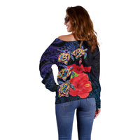 Pasifika Festival Off Shoulder Sweater Plumeria Turtles with Hibiscus - Polynesian Art Tattoo Dark Navy Color