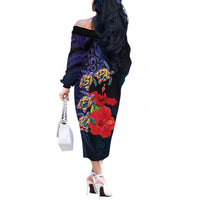 Pasifika Festival Off The Shoulder Long Sleeve Dress Plumeria Turtles with Hibiscus - Polynesian Art Tattoo Dark Navy Color LT03 - Polynesian Pride