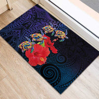 Pasifika Festival Rubber Doormat Plumeria Turtles with Hibiscus - Polynesian Art Tattoo Dark Navy Color LT03 - Polynesian Pride