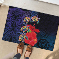 Pasifika Festival Rubber Doormat Plumeria Turtles with Hibiscus - Polynesian Art Tattoo Dark Navy Color LT03 - Polynesian Pride