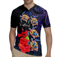 Pasifika Festival Rugby Jersey Plumeria Turtles with Hibiscus - Polynesian Art Tattoo Dark Navy Color
