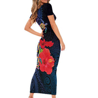Pasifika Festival Short Sleeve Bodycon Dress Plumeria Turtles with Hibiscus - Polynesian Art Tattoo Dark Navy Color LT03 - Polynesian Pride