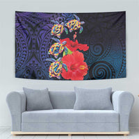 Pasifika Festival Tapestry Plumeria Turtles with Hibiscus - Polynesian Art Tattoo Dark Navy Color
