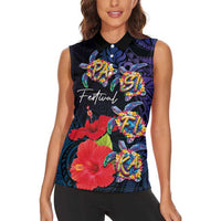 Pasifika Festival Women Sleeveless Polo Shirt Plumeria Turtles with Hibiscus - Polynesian Art Tattoo Dark Navy Color LT03 - Polynesian Pride