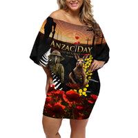 New Zealand and Australia ANZAC Day Family Matching Off Shoulder Short Dress and Hawaiian Shirt Kiwi Bird and Kangaroo Soldier LT03 Mom's Dress Black - Polynesian Pride