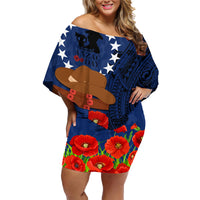 Cook Island ANZAC Day Family Matching Off Shoulder Short Dress and Hawaiian Shirt Soldier Paying Respect We Shall Remember Them LT03 Mom's Dress Blue - Polynesian Pride