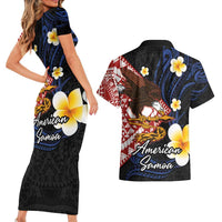 American Samoa Flag Day Couples Matching Short Sleeve Bodycon Dress and Hawaiian Shirt Polynesian Tatau Art and Plumeria
