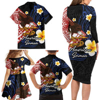 American Samoa Flag Day Family Matching Long Sleeve Bodycon Dress and Hawaiian Shirt Polynesian Tatau Art and Plumeria