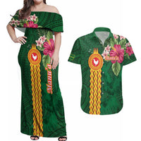 Personalised Manuʻa Islands Couples Matching Off Shoulder Maxi Dress and Hawaiian Shirt Polynesian Style with Rooster Tattoo and Tropical Plants LT03 Green - Polynesian Pride