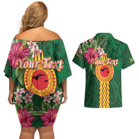 Manuʻa Islands Couples Matching Off Shoulder Short Dress and Hawaiian Shirt Polynesian Style with Rooster Tattoo and Tropical Plants