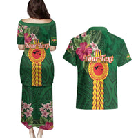 Manuʻa Islands Couples Matching Puletasi and Hawaiian Shirt Polynesian Style with Rooster Tattoo and Tropical Plants