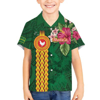 Personalised Manuʻa Islands Family Matching Long Sleeve Bodycon Dress and Hawaiian Shirt Polynesian Style with Rooster Tattoo and Tropical Plants LT03 Son's Shirt Green - Polynesian Pride