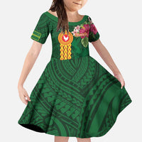 Personalised Manuʻa Islands Family Matching Mermaid Dress and Hawaiian Shirt Polynesian Style with Rooster Tattoo and Tropical Plants LT03 Daughter's Dress Green - Polynesian Pride
