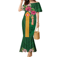 Personalised Manuʻa Islands Family Matching Mermaid Dress and Hawaiian Shirt Polynesian Style with Rooster Tattoo and Tropical Plants LT03 Mom's Dress Green - Polynesian Pride