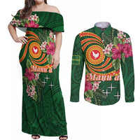 Manuʻa Islands Couples Matching Off Shoulder Maxi Dress and Long Sleeve Button Shirt Polynesian Art Tattoo Style and Tropical Plants