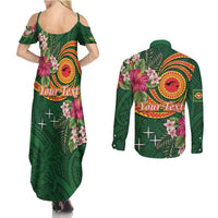 Manuʻa Islands Couples Matching Summer Maxi Dress and Long Sleeve Button Shirt Polynesian Art Tattoo Style and Tropical Plants
