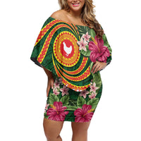 Manuʻa Islands Family Matching Off Shoulder Short Dress and Hawaiian Shirt Polynesian Art Tattoo Style and Tropical Plants