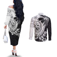 Hafa Adai Guam Couples Matching Off The Shoulder Long Sleeve Dress and Long Sleeve Button Shirt Polynesian Palm Tree Tattoo Hibiscus and Plumeria Art