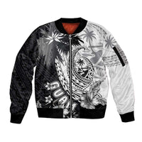 Hafa Adai Guam Sleeve Zip Bomber Jacket Polynesian Palm Tree Tattoo Hibiscus and Plumeria Art