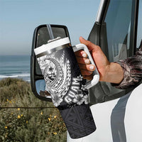 Hafa Adai Guam Tumbler With Handle Polynesian Palm Tree Tattoo Hibiscus and Plumeria Art