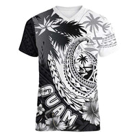 Hafa Adai Guam Women V-Neck T-Shirt Polynesian Palm Tree Tattoo Hibiscus and Plumeria Art