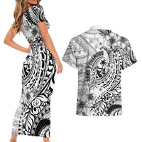 Guam-Land of the Chamorro Couples Matching Short Sleeve Bodycon Dress and Hawaiian Shirt Polynesian Tattoo Style Hibiscus and Plumeria Art