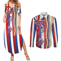 Hawaiian Sea Animals Couples Matching Summer Maxi Dress and Long Sleeve Button Shirt with Lei and Flag Style